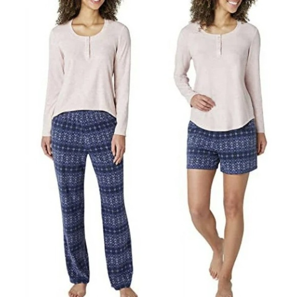 Eddie Bauer Pajama Set Womens X-Large Pink Blue New 3-Piece Henley Ikat